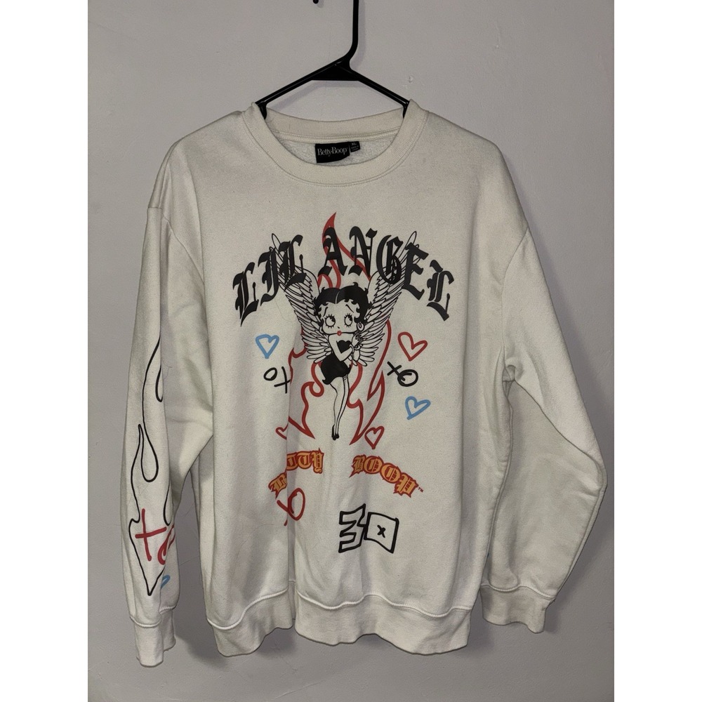 Betty Boop Crew Neck Sweater Women's Size XL White With Graphics On Sleeves